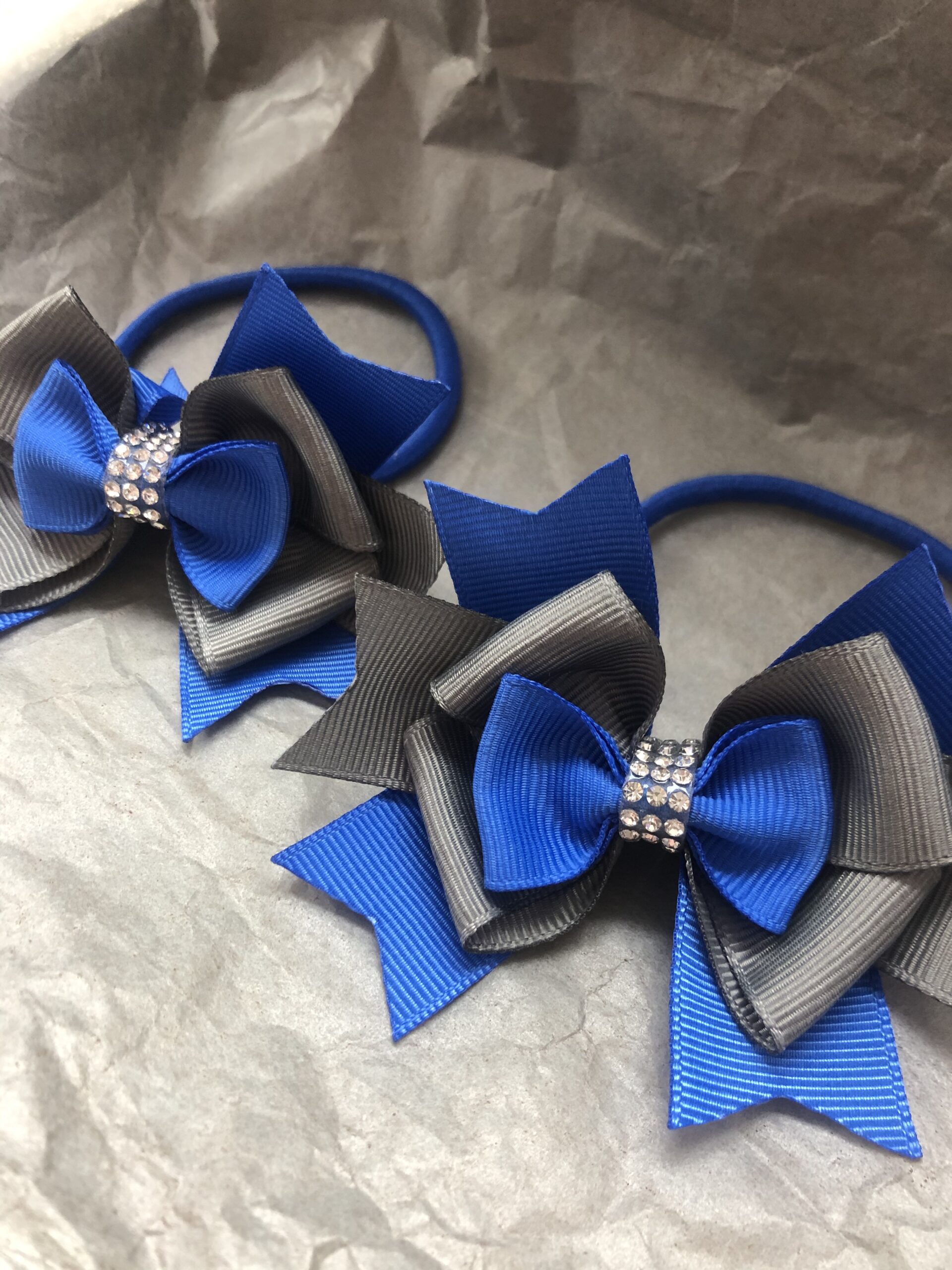Royal Blue and grey Diamonte boutique Hair bows Pair of bobbles or clip ,  or single elastic handmade grosgrain ribbon bobble or clip – Peggy Clives  Printing and embroidery