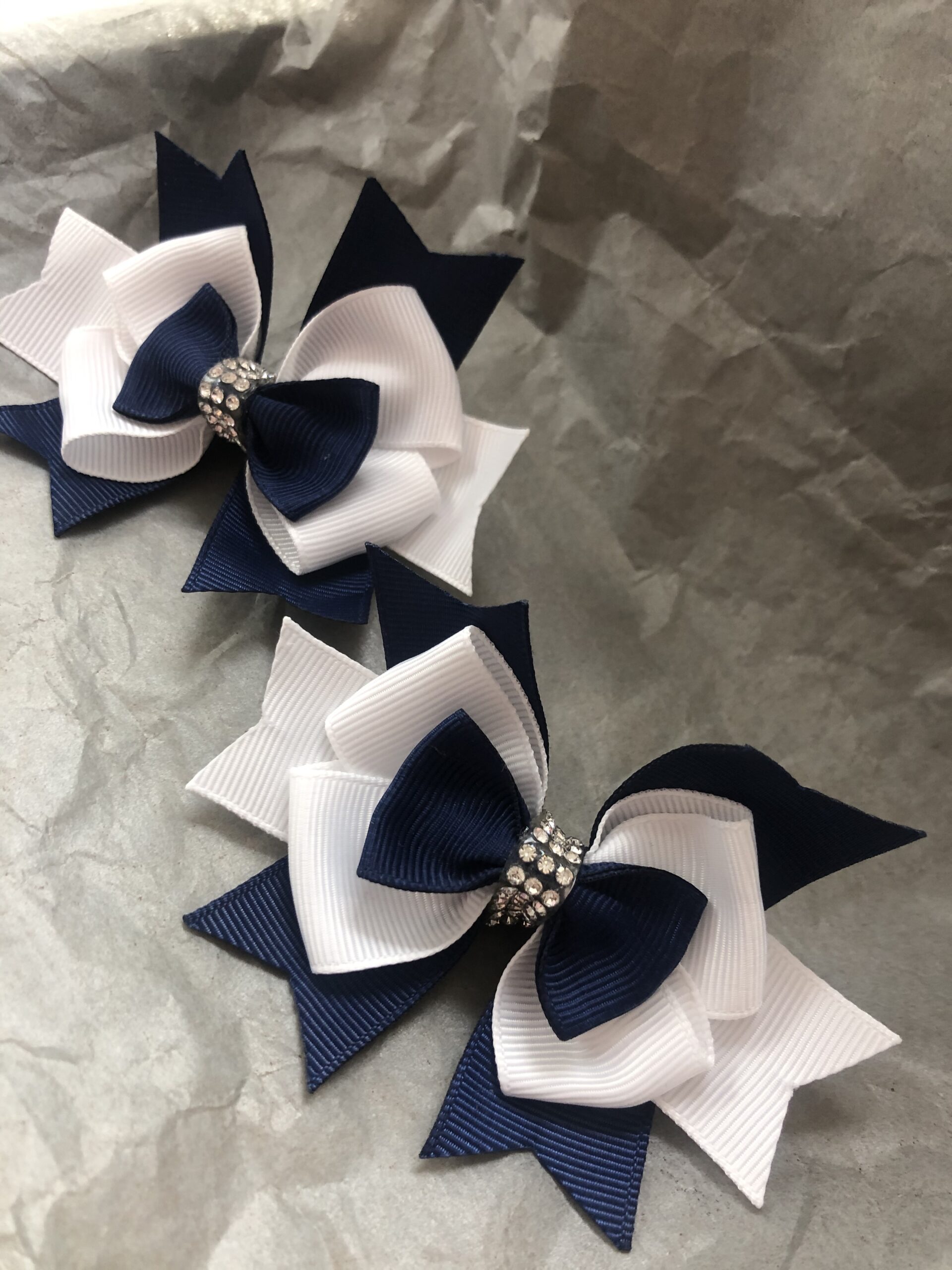 Navy and white Diamonte boutique Hair bows Pair of bobbles or clip , or  single elastic handmade grosgrain ribbon bobble or clip – Peggy Clives  Printing and embroidery